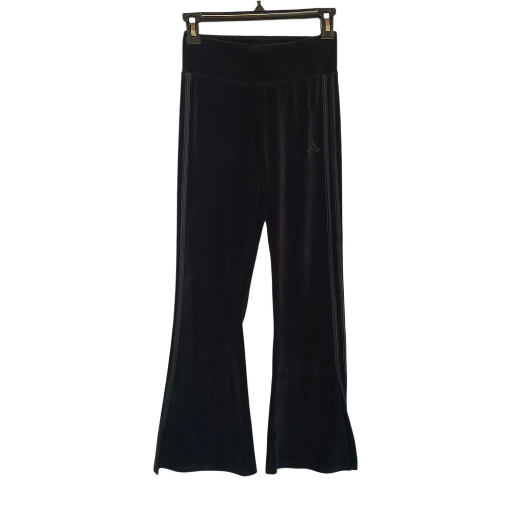 adidas Girls Velour Flare Leggings Black 3-Stripe Slim Fit Split Hem Size L 14